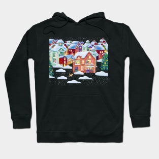 merry snow-covered houses with lights in the new year Hoodie